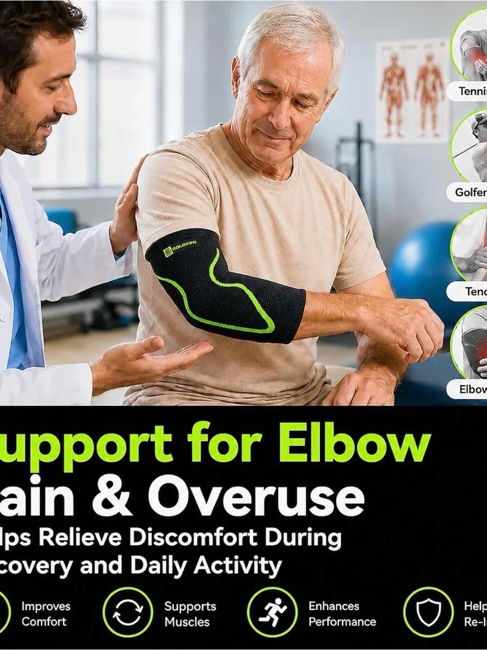 Elbow brace Compression Sleeve with Gel Support - Black size Large NEW